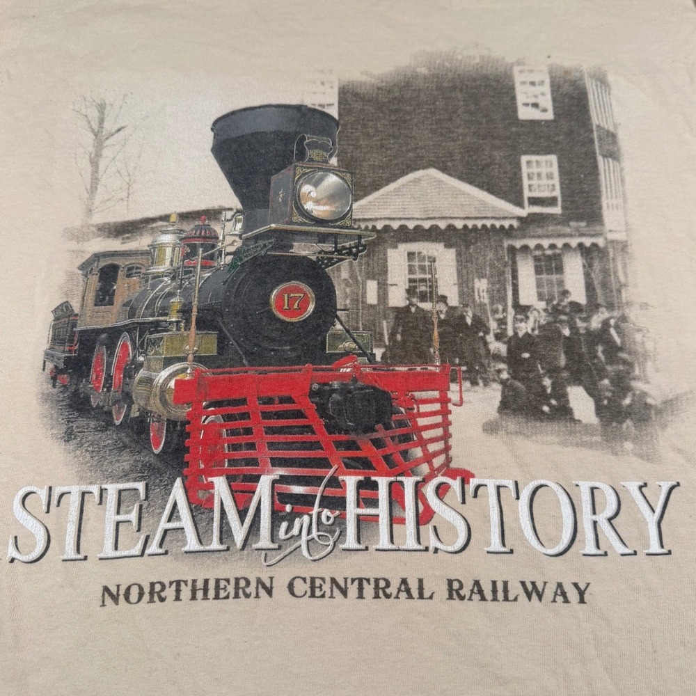 Vintage Northern Central Railway Steam Train Long Sleeve Tan Mens Medium Shirt